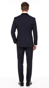 Men’s Navy Blue Double-Breasted Tuxedo – Tone-on-Tone Shadow Pinstripe Formal Wedding and Prom Suit