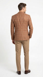 Vitali Men’s Rust Copper Brown Plaid Blazer with Tan Pants – Classic Windowpane, Business and Smart-Casual Birck color  Suit