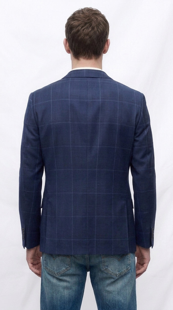 Men’s Navy Blue Plaid Wool Blazer – English Style Textured Wool Winter Sport Coat Windowpane pattern