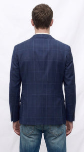 Men’s Navy Blue Plaid Wool Blazer – English Style Textured Wool Winter Sport Coat Windowpane pattern