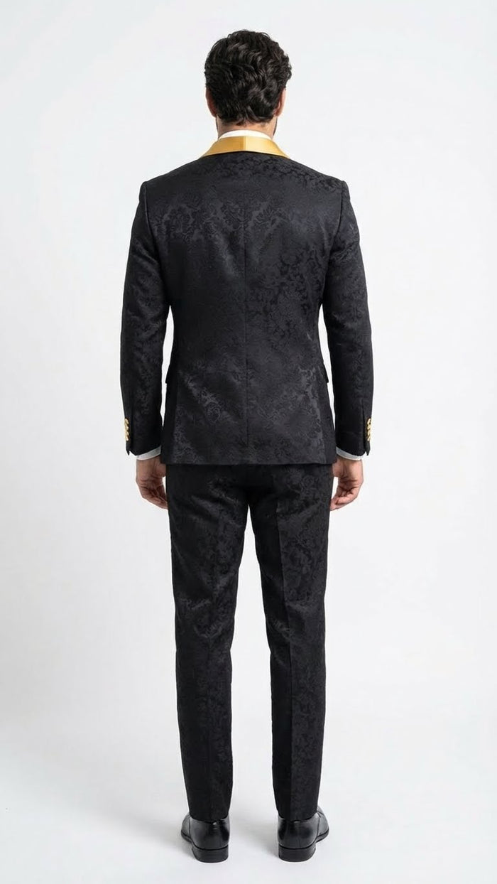 Men’s Black and Gold Jacquard Tuxedo Suit – Luxury Slim Fit Formal Wedding, Prom, and Gala Outfit