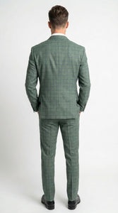 Men’s Tartan olive Green with blue checker Windowpane 2-Piece Suit – Modern Fit Plaid, Business and Formal Suit english styl