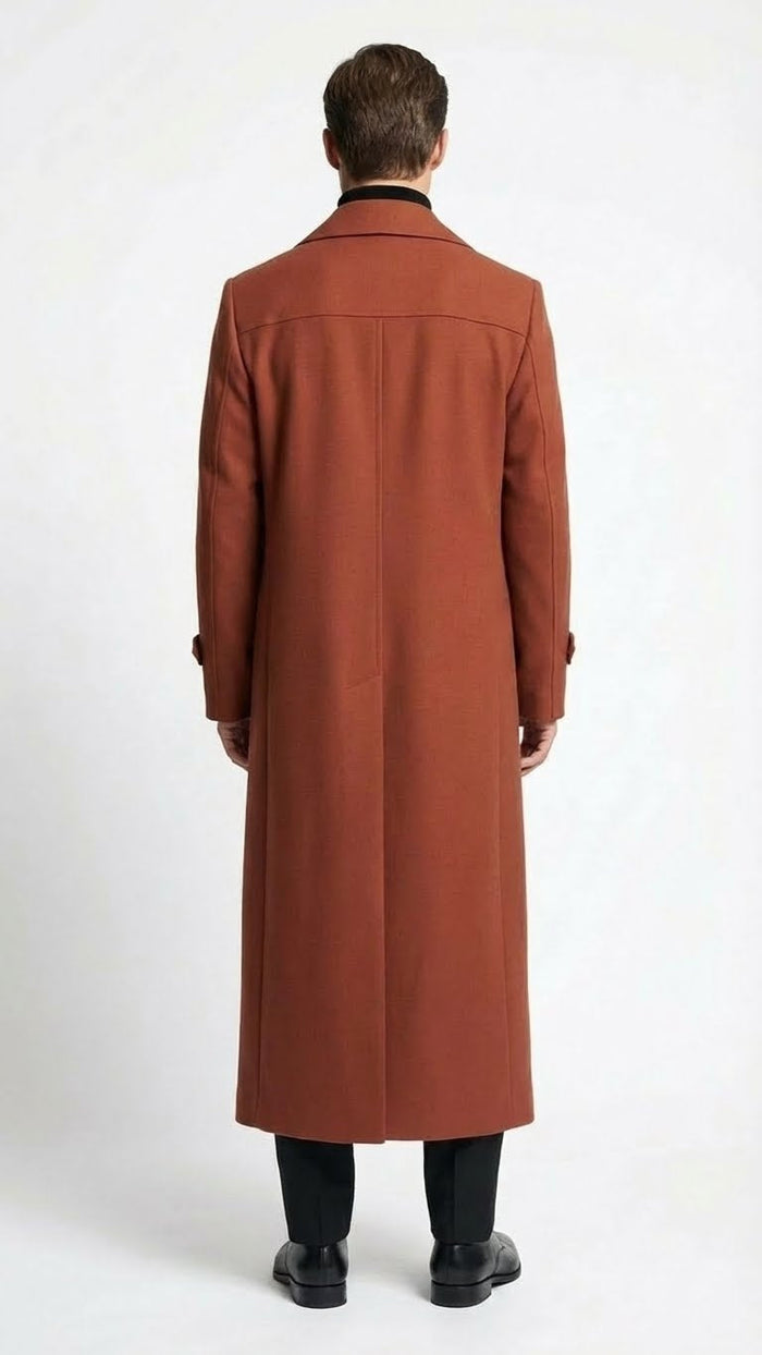 Men’s Full-Length Cognac Overcoat – Premium Wool-Blend Long Dress Coat for Winter and Formal Wear in Rust Brick Color