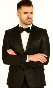 Mens 2 Button Shiny Black on Black Floral Paisley Prom & Wedding Blazer