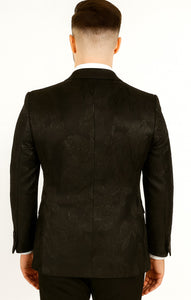 Mens 2 Button Shiny Black on Black Floral Paisley Prom & Wedding Blazer