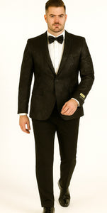 Mens 2 Button Shiny Black on Black Floral Paisley Prom & Wedding Blazer