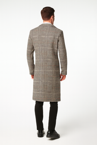 Men’s Full length  Long Plaid Overcoat – Classic Checkered Wool Blend Winter Coat in Gray Color Checkered