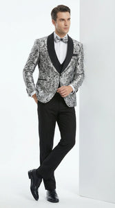 Mens Black and Silver Floral Tuxedo – Luxury Patterned Wedding, Prom and Formal Dinner Tuxedo