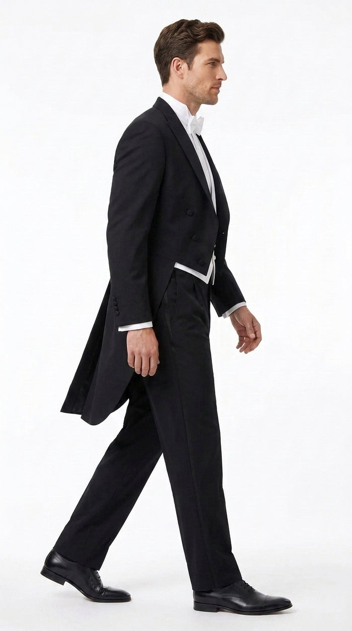 Men’s Black Victorian Tailcoat Tuxedo – 1800s 19th Century Edwardian Peak Lapel Formal Suit