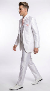 Men’s Shiny White Sateen 3 Piece Suit – Wedding Prom Formal Suit with Vest