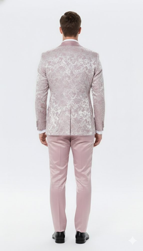 Men’s Light Pink Dusty Rose -  Floral Tuxedo Suit – Luxury Satin Shawl Lapel 3-Piece Formal Wedding and Prom Suit in Blush Mauve color