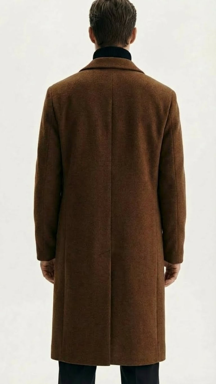 Men’s Brown Long Wool Overcoat – Topcoat Wool Carcoat Three Quarter