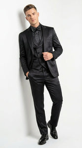 Men’s All Shiny Black Satin Suit – Black Satin Tuxedo Suit for Prom, Wedding, Formal Party and Evening Events Double breasted Vest