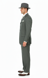 Men’s 1920s Gray Zoot Suit  – 4 Buttons  Gangster Wide Lapel Long Jacket 3-Piece Suit in Grey Color Classic Fit Pleated Pants