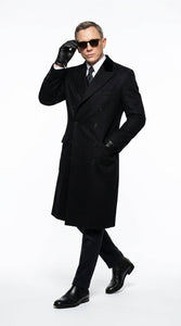 Men’s Black Double Breasted Overcoat, James Bond Inspired Long Formal Coat for Weddings, Business Events, Parties, and Winter Occasions