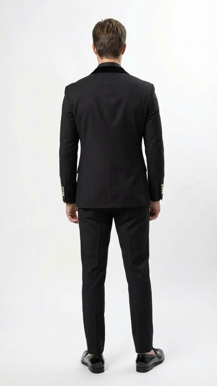 Men’s Black Double Breasted Tuxedo Suit – Luxury Formal Dinner Jacket Gold Buttons Velvet Lapel