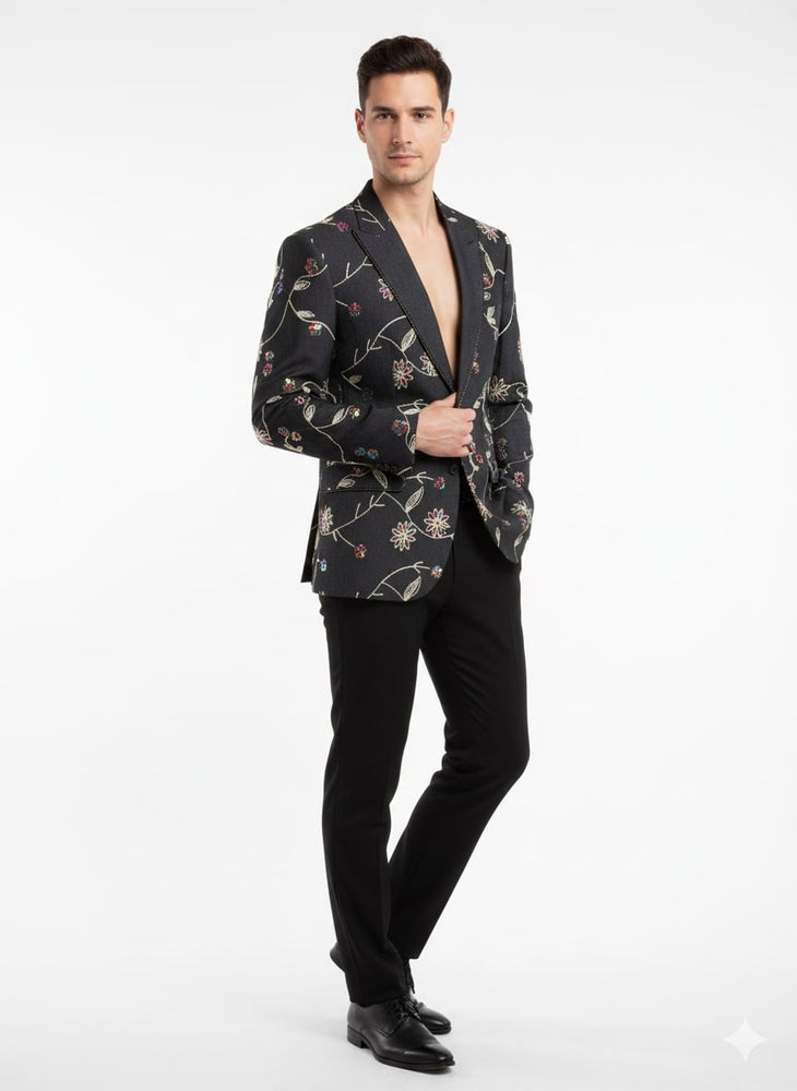 Luxury Black Floral Embroidered Blazer for Men – Designer Party and Wedding Wear Jacket