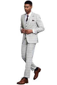 Men's Stacy Adams One Button Peak Lapel Vested Windowpane Plaid Suit in Grey & Blue