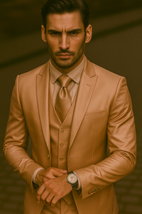 Mens Shiny Blazer - Tan Sateen Vested Suit