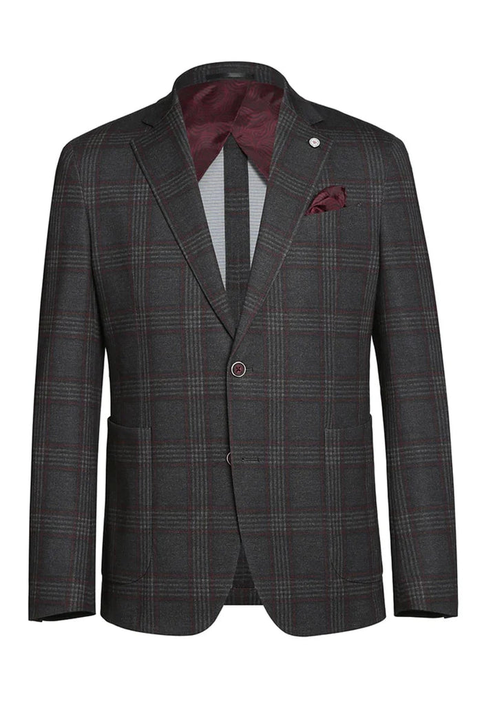Mens Slim Fit Patch Pocket Vintage Style Sports Coat Blazers in Charcoal Grey Windowpane Plaid