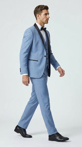 Men’s Powder Blue 3 Piece Tuxedo Suit – Light Blue Shawl Lapel Wedding Prom Suit with Vest