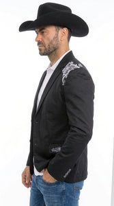 Men’s Black & White Western Blazer – Cowboy Sport Coat with Embroidered Shoulder & Back Design