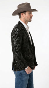 Men’s Black Sequin Western Blazer – Embroidered Cowboy Tuxedo Jacket with Rhinestone Lapels