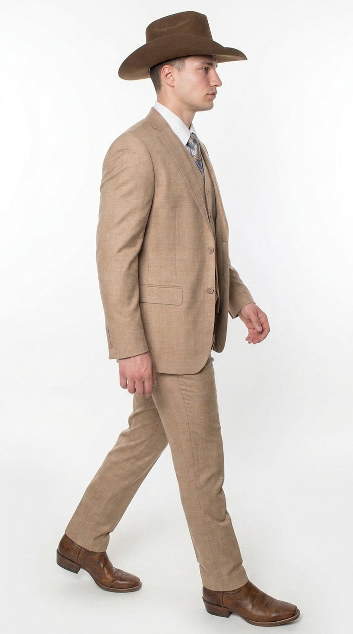 Men’s Khaki Tan Plaid Western Cowboy 3-Piece Suit – Texture Plaid windowpane Blazer, Vest & Pants