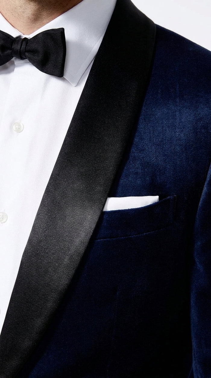 Men’s James Bond Inspired Navy Blue Tuxedo – Black Shawl Lapel Wedding & Prom Suit