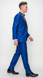 Men’s Shiny Royal Blue 3 Piece Tuxedo – Vested Wedding & Prom Suit with Black Shawl Lapel