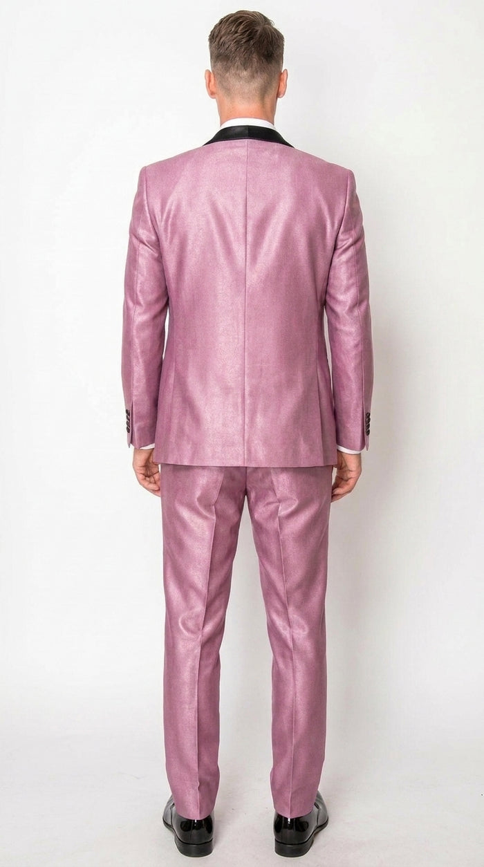 Men’s Shiny Mauve Pink 3 Piece Tuxedo – Wedding & Prom Suit with Black Shawl Lapel