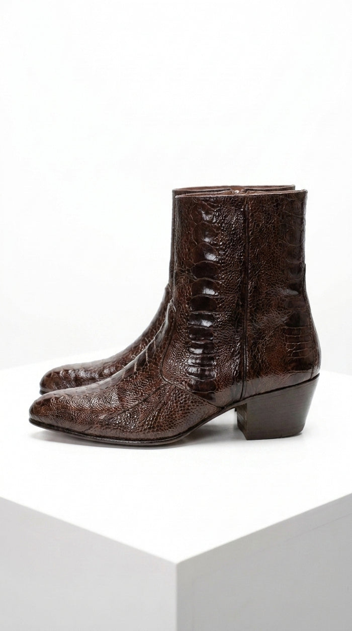 Men’s Brown Cuban Heel Boots – Exotic Ostrich Leg & Ostrich Quill Pointed Toe Dress Boots By Los Altos