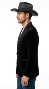 Men’s Black Velvet Western Blazer – Rhinestone Formal Cowboy Sport Jacket Removable Rhinestone Glitter Lapel