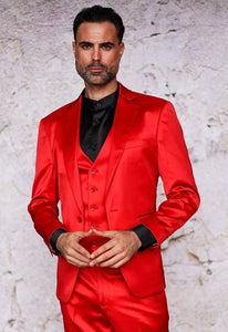 Mens 3-Piece Slim-Fit Shiny All Satin Suit Red