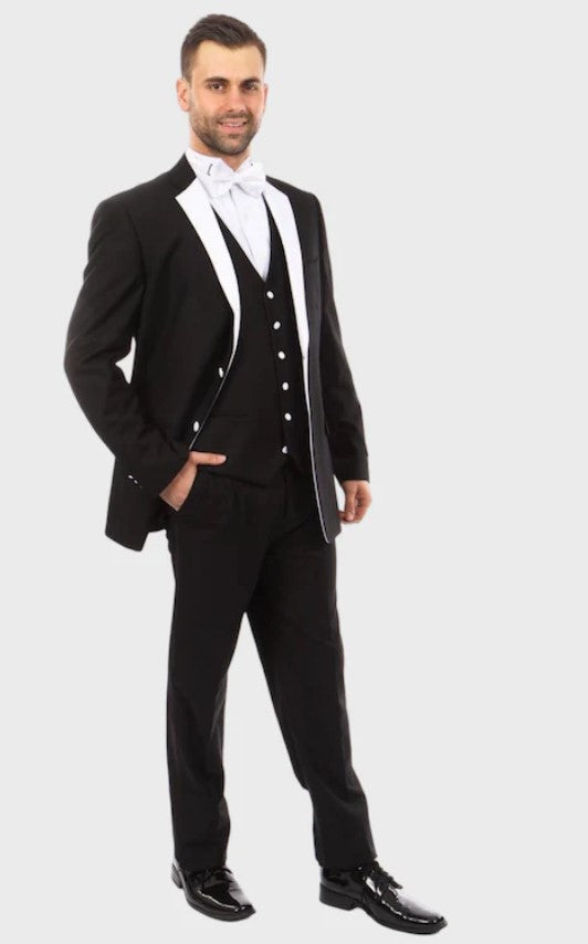 Big and Tall Tuxedo - Two Button Closure Black with White Lapel 3 Piece Vested Slim Fit Tuxedo