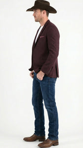 Men’s Burgundy Western  Blazer Jacket, Textured Cowboy Style Sport Coat for  - Tweed Herringbone Maroon Colo
