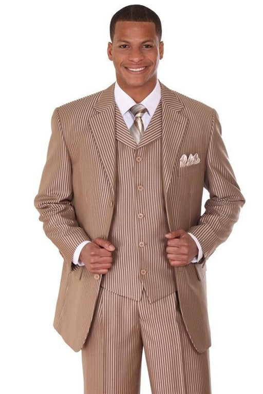 "3-Button Narrow Sharkskin Pinstripe Suit | Tan | Fortino Landi" - USA Men's Outlet