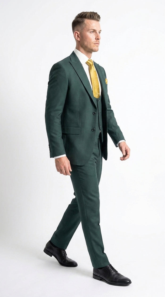 Mens Vitali 3 Piece Suit W/Scoop Vest Hunter Green 3-Piece Suit –, Big Peak Lapel  Vest and Pants  Modern Fit Two Buttons