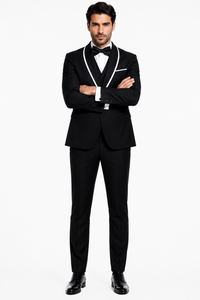 3-Piece Tailored Fit Wool Suit with Bow Tie and Flat Front Pants - Black