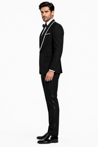 3-Piece Tailored Fit Wool Suit with Bow Tie and Flat Front Pants - Black