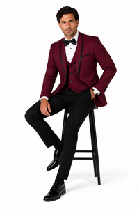 3-Piece Tailored Fit Wool Suit with Bow Tie and Flat Front Pants - Burgundy