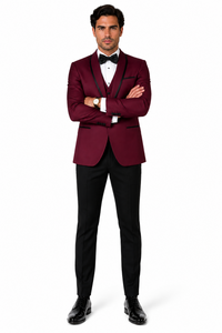 3-Piece Tailored Fit Wool Suit with Bow Tie and Flat Front Pants - Burgundy