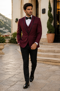 3-Piece Tailored Fit Wool Suit with Bow Tie and Flat Front Pants - Burgundy