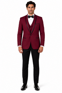 3-Piece Tailored Fit Wool Suit with Bow Tie and Flat Front Pants - Burgundy