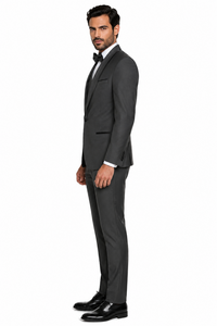 3-Piece Tailored Fit Wool Suit with Bow Tie and Flat Front Pants - Charcoal