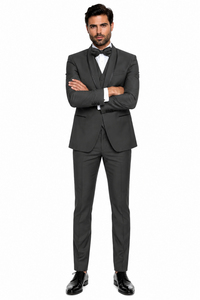 3-Piece Tailored Fit Wool Suit with Bow Tie and Flat Front Pants - Charcoal