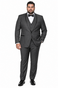 3-Piece Tailored Fit Wool Suit with Bow Tie and Flat Front Pants - Charcoal