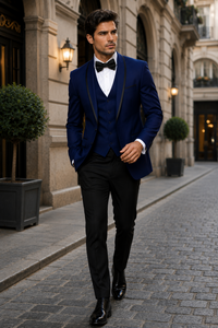 3-Piece Tailored Fit Wool Suit with Bow Tie and Flat Front Pants - Navy
