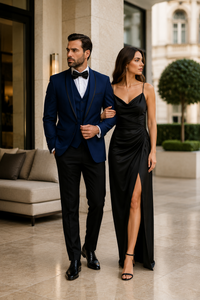 3-Piece Tailored Fit Wool Suit with Bow Tie and Flat Front Pants - Navy