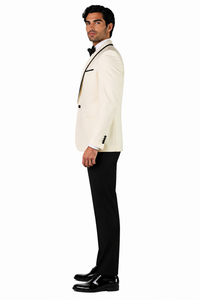 3-Piece Tailored Fit Wool Suit with Bow Tie and Flat Front Pants - Off-White